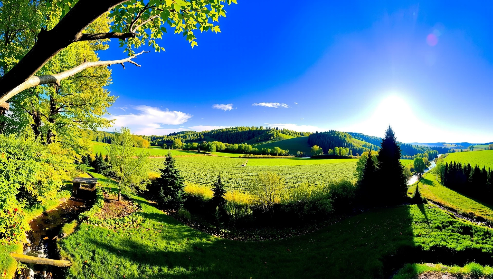 A serene landscape with lush greenery, clear skies, and a gentle stream, symbolizing natural health and beauty.