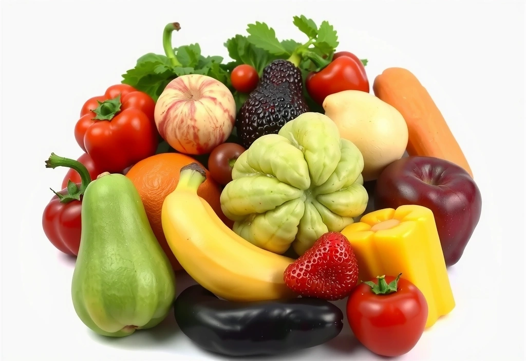 Various vibrant fruits and vegetables arranged artfully, representing a balanced and nutrient-rich diet. No text.