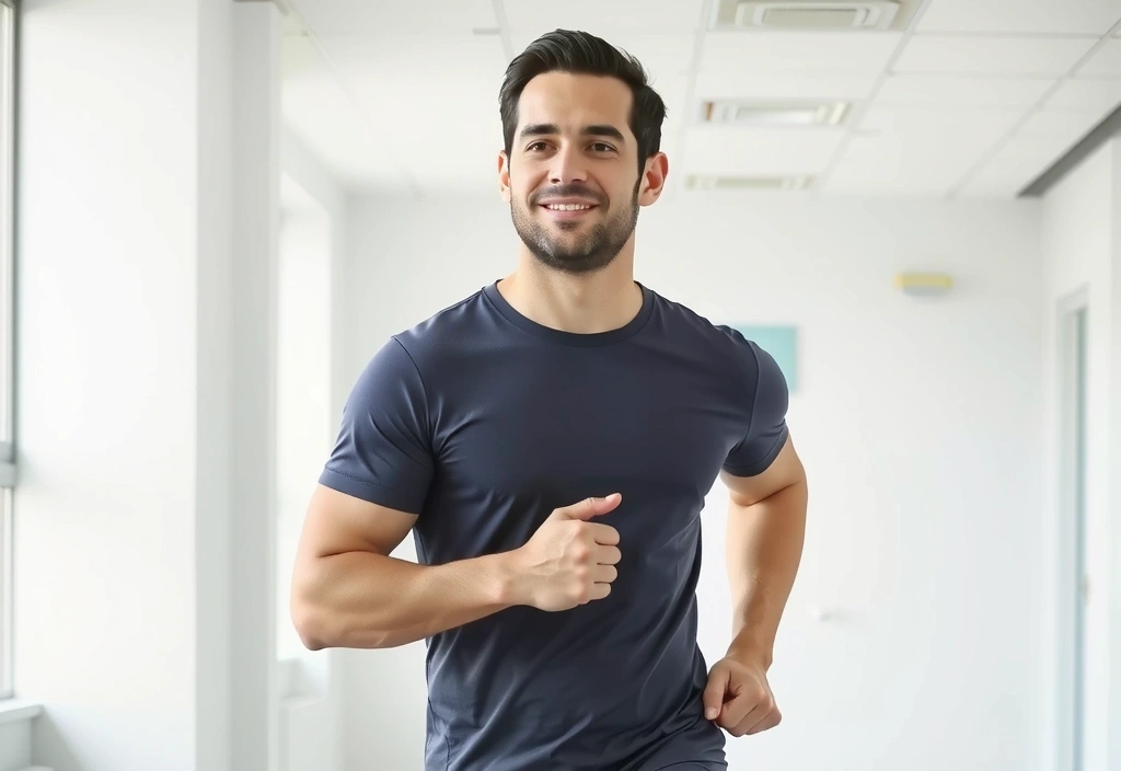 A strong, healthy man in a dynamic pose, symbolizing vitality and well-being, with a subtle glow around him.