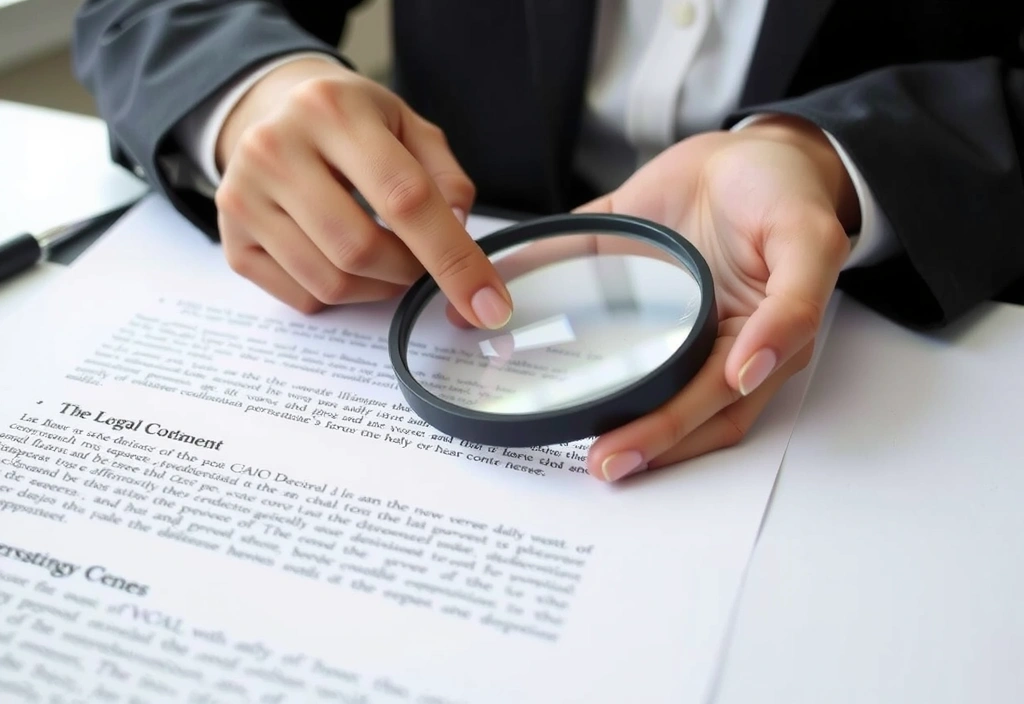 Person reading a legal document with a magnifying glass