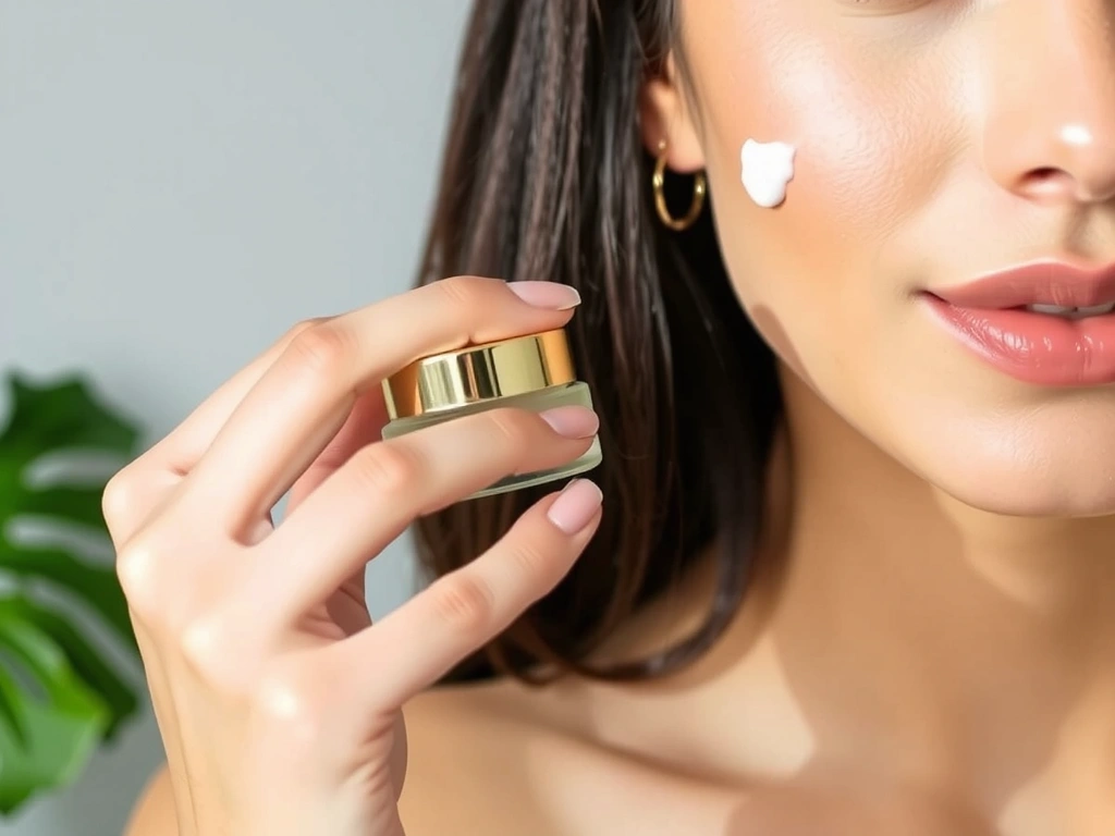 Woman applying moisturizing cream to her face, glowing skin
